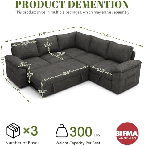 85'' Modular Sectional Sofa with Pull Out Bed, Sleeper Sofa, Dark Gray - Image 3