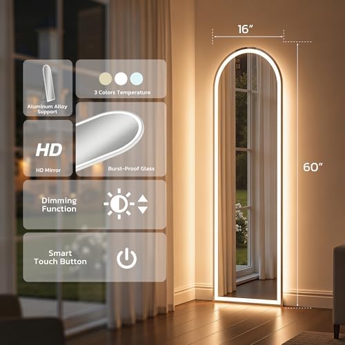 Arched Full Length Mirror with LED Lights, 60"x16" LED Floor Mirror with Stand, Body Floor Mirrors with Dimming & 3 Color Lighting, Wall Mounted LED Mirrors for Bedroom, Dressing Room, Cloakroom - Image 5