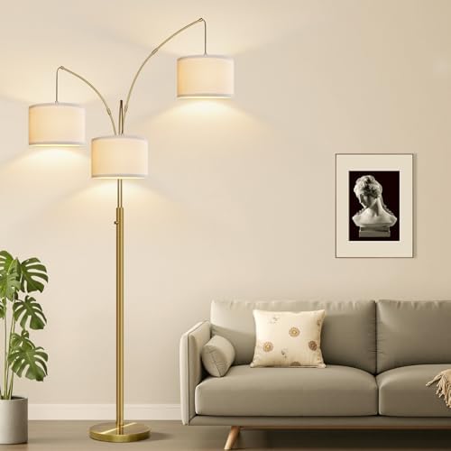 Dimmable Floor Lamp, 3 Lights Brass Arc Floor Lamp, Modern Tall Standing Tree Lamp with Beige Linen Shades & Heavy Base, 3000LM LED Bulbs, Bright Lighting for Living Room, Bedroom, Office & Reading - Image 6