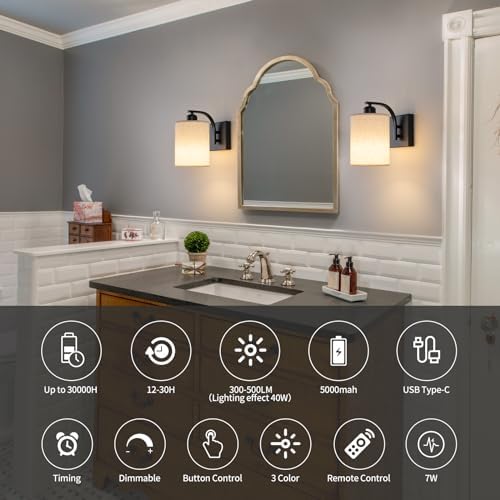 Powfloven Black Rechargeable Wall Sconces Set of 2 with Remote, Wireless Dimmable Battery Operated LED Wall Lights, Cordless Wall Lighting Lamp Fixture for Bedroom Living Room - Image 4