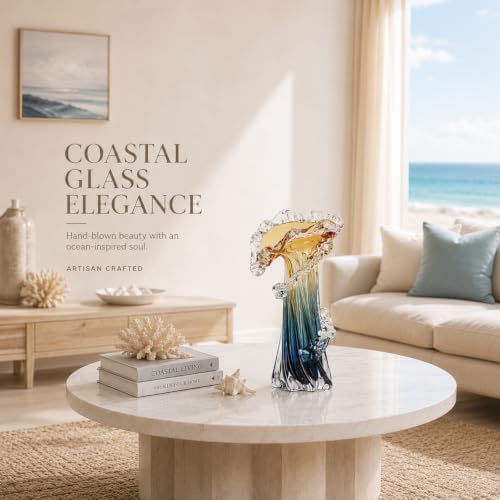 Blue Blown Glass Vase, Modern Art Hand Blown Coastal Vase,Beautiful Unique Ocean Wave Centerpieces for Living Room, Bedroom, Office Desktop,Coffee Table and Wedding Decorative (Amber, M) - Image 6