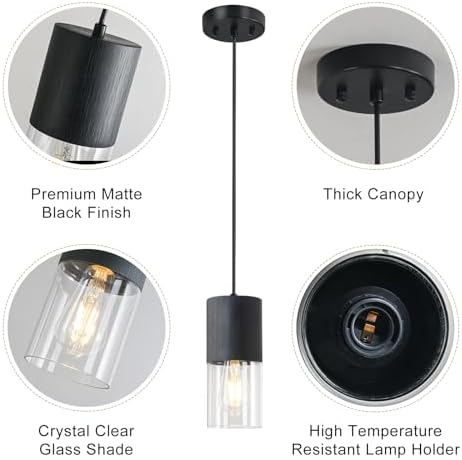 2-Pack Black Pendant Light Fixtures, Adjustable Modern Pendant Lights for Kitchen Island, Industrial Clear Glass Pendant Lights for Dining Table Hallway Bedroom Living Room - Image 3