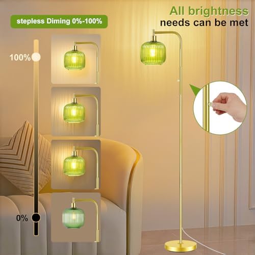 Dimmable Gold Floor Lamp with Ribbed Shade, Vintage Green Standing Lamp Dimmable with Solid Base, Arc Floor Lamps Glass for Living Room, Bedroom, Office, Decorative Tall Corner Lamps Gift Use - Image 2