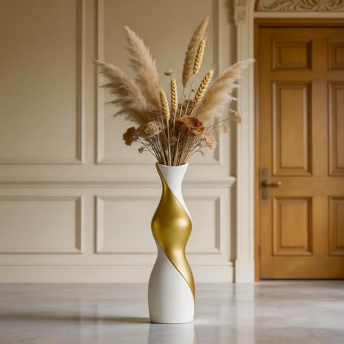 Table Floor Vase 23.6" White Gold, Resin Two-Tone Vase for Dried Pampas Grass Branches, Modern Home Decor for Living Room Shelf Entryway Table Corner - Image 3