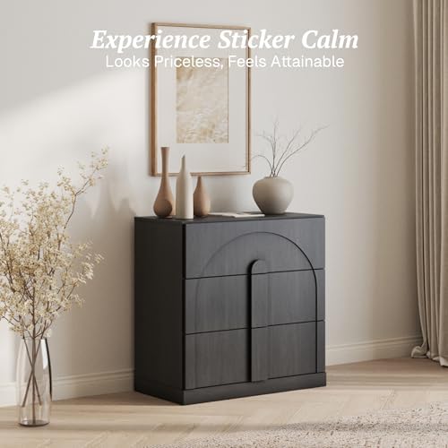 BELLEZE Sideboard Cabinet with 3 Drawers, Modern Wood Buffet Cabinet with Arc Design, Large Fluted Sideboard with Storage for Kitchen Living Room Entryway, Ebony - Image 4