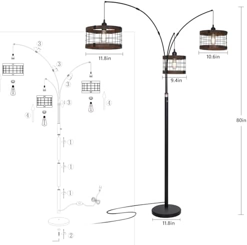 3-Lights Vintage Wood Floor Lamps for Living Room, Black Arc Floor Lamp for Bedroom, Industrial Standing Lamp for Office, Dimmable Tall Lamp, Arched Corner Floor Lamp, Over Couch Reading Lamp - Image 5