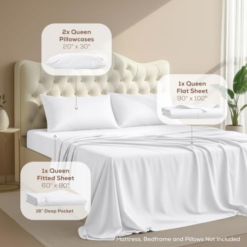 Queen Sheets Set, 4 Pieces 16" Deep Pocket Hotel Luxury Bed Sheets, White - Image 2