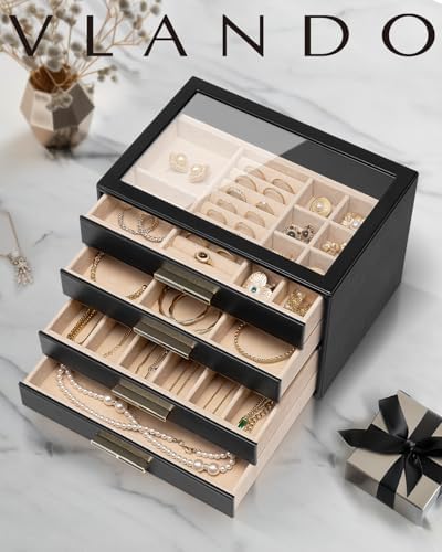 VLANDO 4 Layer Jewelry Box for Women, Glass Lid Jewelry Organizer with 4 Drawers for Necklaces Rings Earrings Bracelets - Black - Image 6