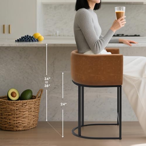 Counter Height Bar Stools Set of 4, Modern Counter Stools for Dining Room, 24 Inch Barstools for Kitchen Island, Faux Leather Bar Stool with Metal Legs and Back Footrest, Brown - Image 4