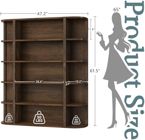TVU 5-Tier Wood Book Shelf, 47" Wide Large Bookshelf and Bookcase, 62" Tall Bookshelf with Curved Side Shelves, Freestanding Wood Display Book Shelves for Living Room, Home Office, Walnut - Image 3