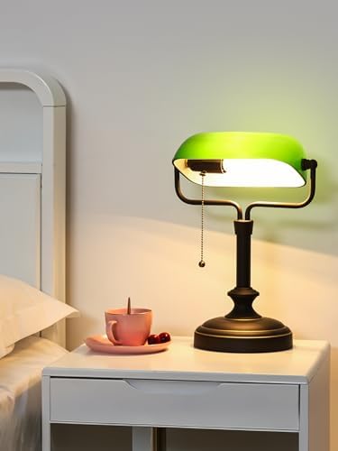 Traditional Banker's Desk Lamp with Glass Shade,Pull Chain Switch, LED Bulb Included (Antique Black+Green) - Image 2