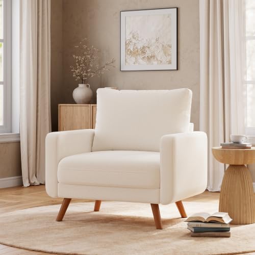 Oversized Accent Chair for Living Room, Mid Century Modern Accent Chairs,Chenille Living Room Armchairs,Bedroom Reading Chair with Widen Arm Rest, Cozy Single Sofa Chair, White - Image 3