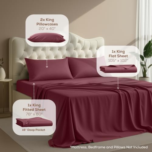 King Sheets Set, 4 Pieces 16" Deep Pocket Hotel Luxury Bed Sheets, Burgundy - Image 2