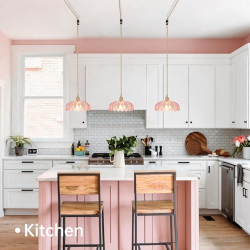 Shenmoyl Plug in Pendant Light Hanging Light Fixtures with Plugin Cord On/Off Switch,Pink Scindapsus Glass Lampshade Brass Pendant Light - Image 3