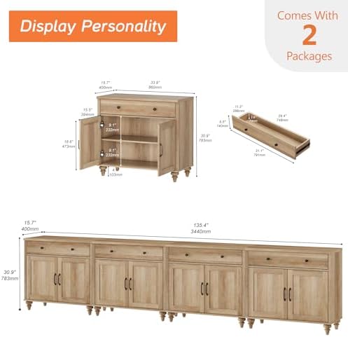 WAMPAT Large Buffet Cabinet with 8 Doors and 4 Drawers, Modern Coffee Bar Table Wood Kitchen Storage Cabinets, Farmhouse Sideboard Credenza for Dining Room, Oak, 134 inch - Image 2