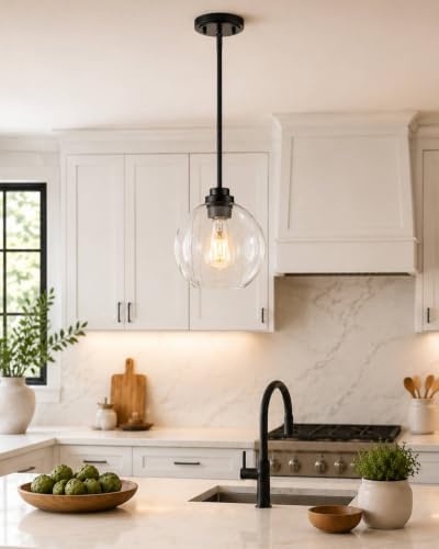 2 Pack Pendant Lights Kitchen Island, 8" Black Pendant Light Fixtures with Globe Clear Glass Shade, Modern Kitchen Island Lighting for Bathroom, AD-22280-2PL-BK - Image 4