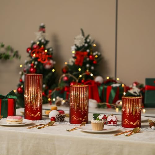 Starry Night Elegant Hurricane Candleholders with LED Flickering Lights & Remote Timer, Decorative Glass Hurricanes for Indoor Table Centerpieces & Year-Round Home Decor, Set of 3 (Red) - Image 5