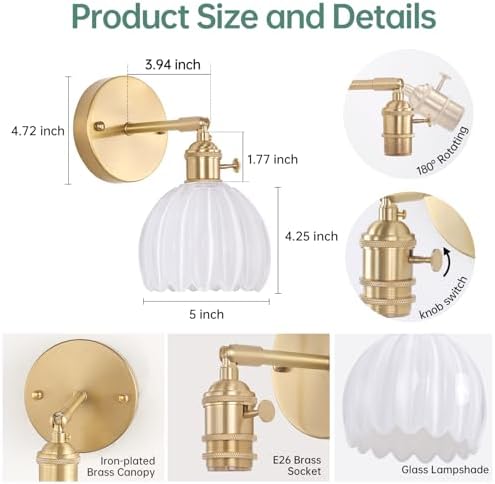 Shenmoyl Vintage Wall Sconces with White Tulip Glass Lampshade 180 Degree Adjustable Brass Sconces Hradwired Modern Wall Lighting Fixture with Switch for Bedside Bedroom Doorway - Image 6