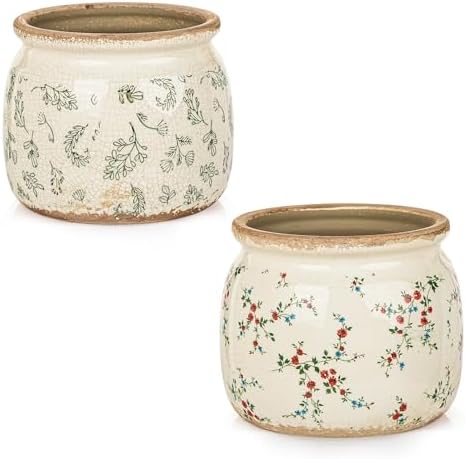 Sungmor 2 Pack Farmhouse Ceramic Planters, Tuscan Decor, Leaf & Floral by Sungmor