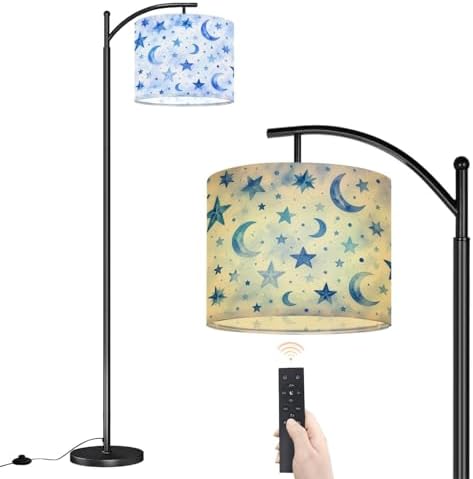 Arc Floor Lamp Blue Starry Sky Crescent Moons Dots Watercolor Style Dimmable Modern Standing Lamp with Remote Adjustable Drum Shade Footswitch Tall Pole Lamp for Living Room Bedroom by DERUINVAIO
