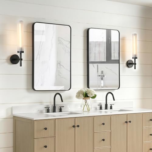 Black Knurled Wall Sconce, 20" Bathroom Wall Sconce 2Pc, Glass Tube and Brass Wall Sconces Lighting, Wall Light Mirror Sconces,Vanity Sconce Lights for Bath, Bedroom, Living Room, Hallway - Image 3