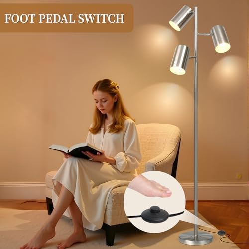Tree Floor Lamp with 3 Light Bulbs,Nickel Standing Tall Pole Lamp with 3 Adjustable Rotating Lights,Farmhouse Floor Lamp for Living Room Bedroom Office,Vintage Standing Lamp 9W E26 LED Bulbs Included. - Image 6