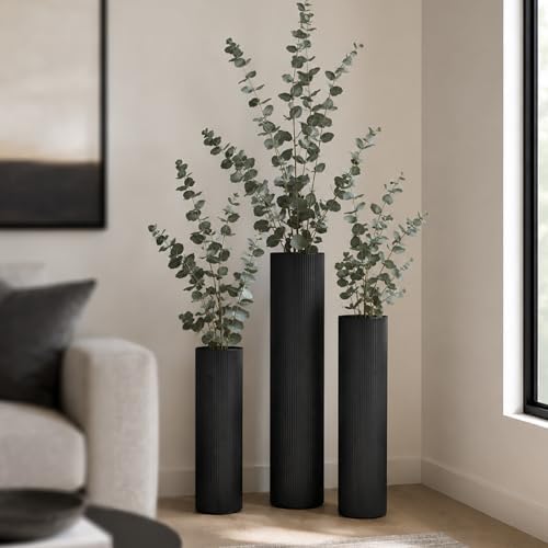 Black Tall Ribbed Floor Vase - Set of 3 Metal Large Decorative Vases by Unknown