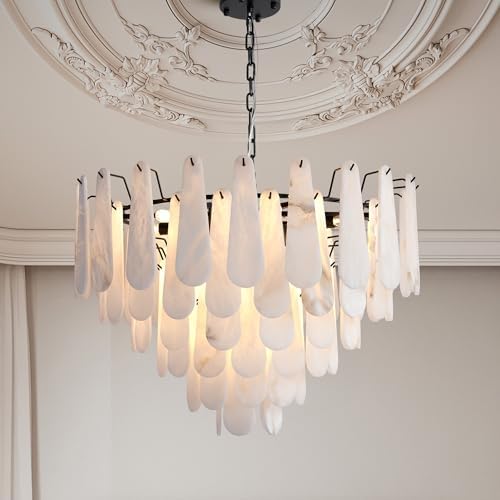 Alabaster Chandelier, D31.5 in Modern Round Chandelier, 6-Tiers Luxury Large White Marble Black Chandeliers for Dining Room Bedroom Foyer Living Room Entryway by OSRoyce