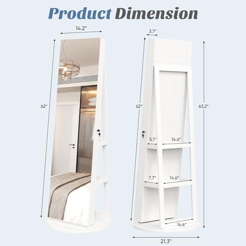 OLIXIS 360° Swivel Jewelry Cabinet with Light, Lockable Full Length Mirror - Image 3