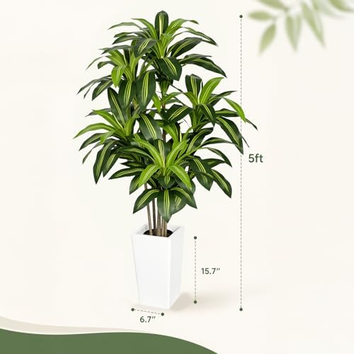 Artificial Dracaena Tree 5FT, Stable Multi-Trunk Fake Tree Indoor with White Tall Planter,Faux Silk Plant for Living Room Office Decor, UV Resistant Realistic Leaves - Image 2