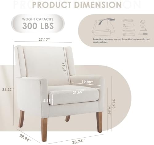 COLAMY Modern Wingback Living Room Chair, Upholstered Fabric Accent Armchair, Single Sofa Chair with Lounge Seat and Wood Legs for Office/Bedroom/Reading Spaces, Beige - Image 2