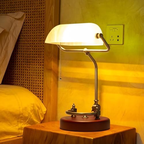 Bankers Lamp Traditional White Glass Desk Lamp Solid Wood Pull Chain Switch - Image 5