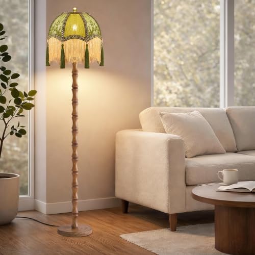 AHDWDW Vintage Floor Lamp for Living Room Bedroom,Victorian Floor Lamps with Remote,Wood Standing Tall Lamp with Green Tassels Velvet Lampshade,Fringe Dimmable Floor Lamp for Corner Reading Decor - Image 7