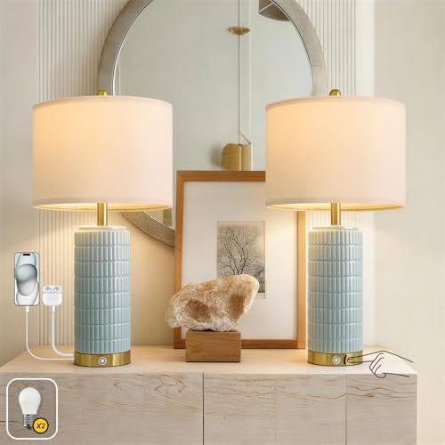 PoKat 25'' Bedside Table Lamps Set of 2 for Living Room, 3-Way Dimmable Touch Lamps for Bedroom, Modern Lamps for Nightstand with USB Ports, Coastal Blue Lamp for Office Sideboard (Bulbs Included) by Pokat