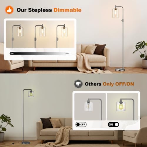 【Upgraded】 Dimmable Floor Lamp for Living Room with Glass Lampshade, Brushed Nickel Modern Glass Floor Lamp with 900LM LED Bulb Included, Standing Tall Lamp for Bedroom, Office, Reading Room, Corner - Image 3