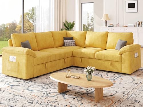 85'' Modular Sectional Sofa with Pull Out Bed, Sleeper Sofa, Yellow - Image 2