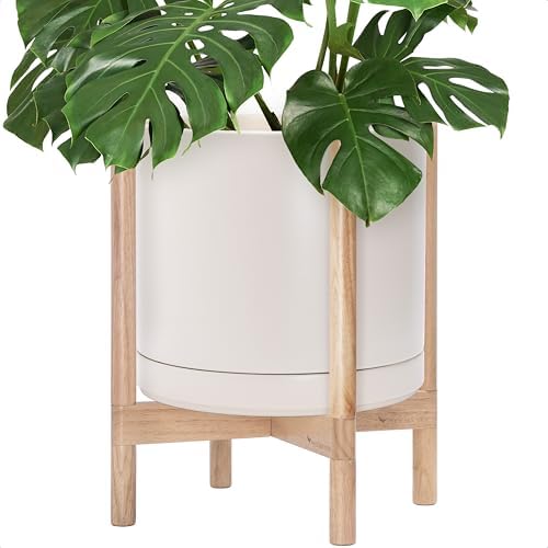 D'vine Dev Ceramic Pot with Natural Wood Stand, Oatmeal, 14 in, 55-B-R-8 by DvineDevPlanterPotsandStand