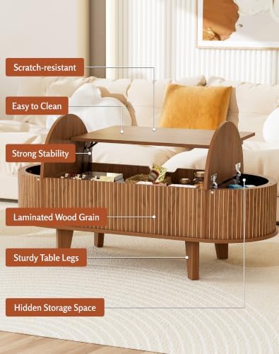 Fluted Oval Lift Top Coffee Table with Storage, 47" Wood Mid Century Modern Coffee Table for Living Room, Walnut - Image 5
