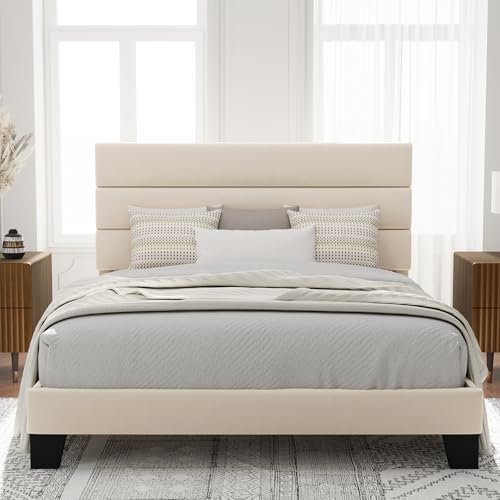 Allewie Queen Size Platform Bed Frame with Velvet Upholstered Headboard and Wooden Slats Support, Fully Upholstered Mattress Foundation/No Box Spring Needed/Easy Assembly, Cream by Allewie