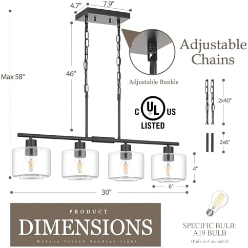 4-Light Kitchen Island Lighting, Modern Black Linear Dining Room Chandelier Light Fixtures with Clear Glass and Chain, Farmhouse Hanging Lights for Kitchen Island Dining Room, OS-YQ8153-4ISBKC - Image 3