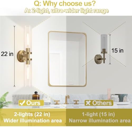 Wall Sconces Set of Two, Hardwired Brass Bathroom Sconces Wall Lighting with Clear Glass, Modern Sconces Wall Decor Set of 2 Vanity Light fixtures for Bathroom Mirror Bedroom (Bulbs Not Included) - Image 3