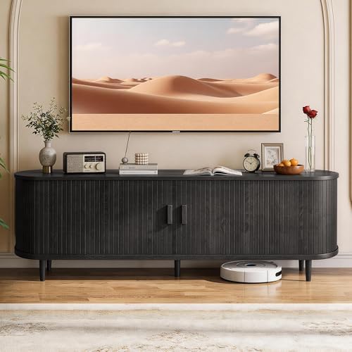 65" Mid Century Modern TV Stand with Power Outlet, Fluted Entertainment Center with Storage and Adjustable Shelves, Wood TV Console with Sliding Doors for Living Room, Black - Image 2