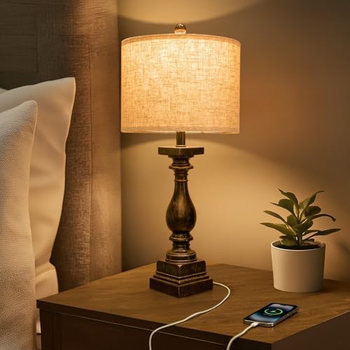 BOBOMOMO 27" Farmhouse Black Table Lamp Set of 2 with USB A+C for Bedroom Living Room Vintage Rustic Traditional Nightstand Bedside Lamps Retro Side Table Lamps (Blubs not Included) - Image 3
