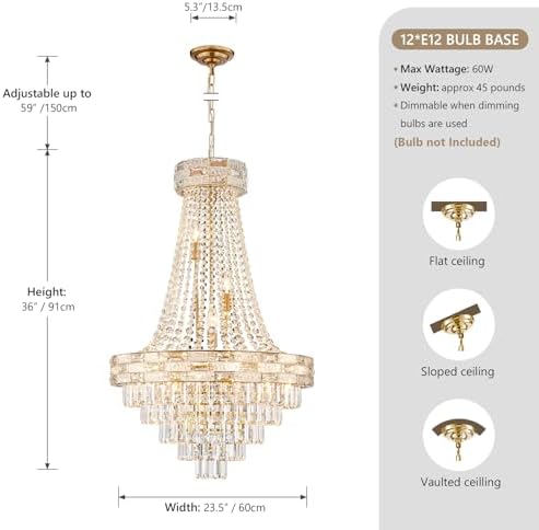12-Light Gold Crystal Chandeliers,Empire Chandelier Light Fixture Modern High Ceiling Hanging Chandelier for Entryway,Foyer,Staircase,Hallway,Living Room(H36 x D23.2) - Image 3