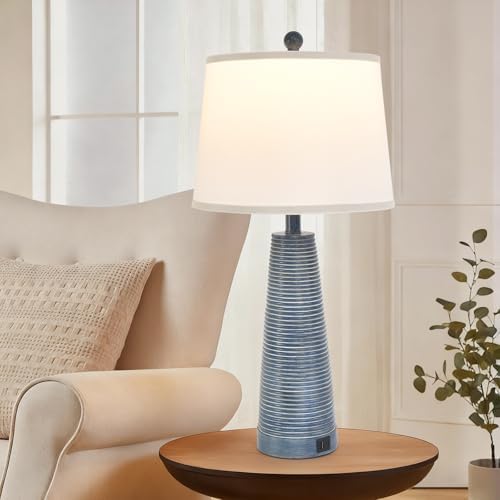 Terpsichore Nightstand Lamp Bedside Lamps Vintage Rustic Farmhouse Table Lamp 3 Way Dimmable Horizontal Stripe Light,for Living Room Bedroom,USB A+C (Navy Blue (Single-Pack), High 27 Inch) - Image 2