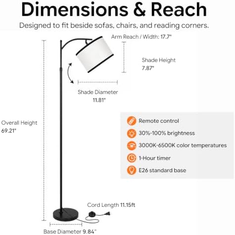 BySea Dimmable Arc Floor Lamp, Adjustable Over Couch Lamp, Remote Control - Image 3