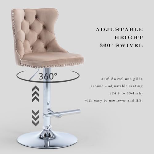 SoarFlash Velvet Bar Stool Set of 6, Adjustable Swivel Bar Stools with Silver Plated Metal Leg, Button Tufted, Footrest, Chrome Nailhead, Counter Height Chair for Kitchen, Bar, Dining Room (Khaki) - Image 6