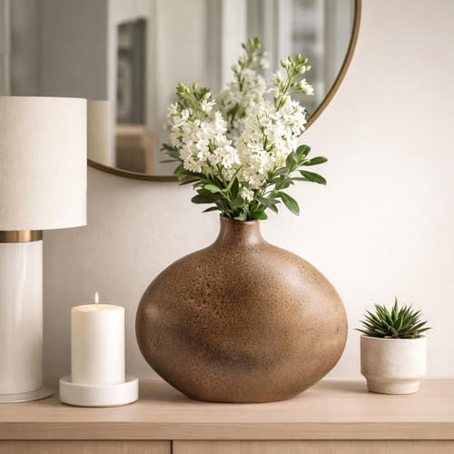 Oval Ceramic Vase for Living Room and Home Decor - Modern Pottery Flower Vase for Tabletop Accent - Sculptural Earthenware Design for Bedroom, Room, House and Office Table Display - 14”, Brown - Image 3