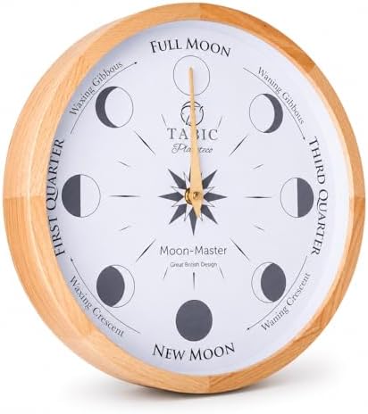 Planeteco Moon Master - Precision Lunar Phase Wall Clock - Accurate Moon Tracking & Easy-to-Read Dial for Lunar Cycle - Stylish Round Moon Phase Clock - Celestial Home Decor - Natural Stain by TABIC