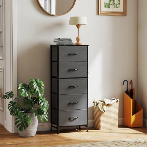 DUMOS Nightstand with 5 Drawers, Bedside Table with Removable Fabric Bins, Sturdy Steel Frame Wood Skinny Dresser Furniture for Bedroom Closet Living Room, Grey - Image 2